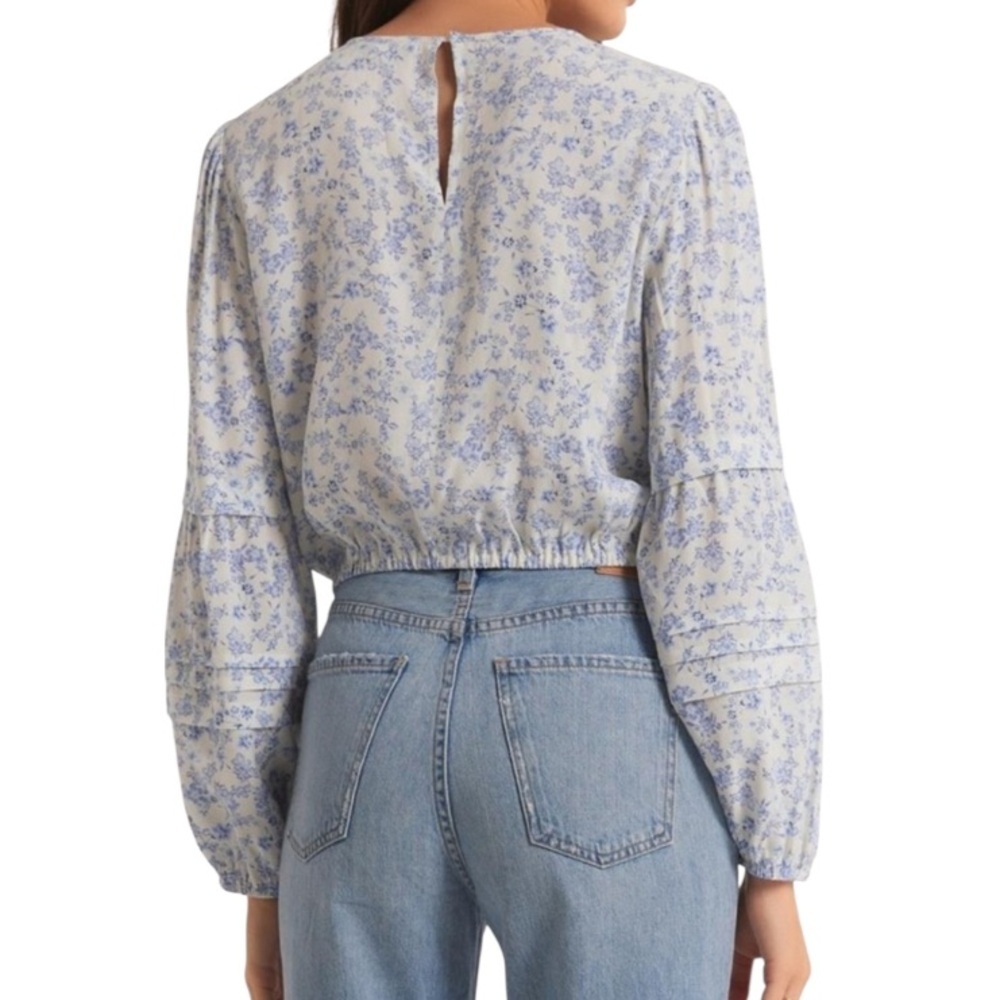 Z Supply Nylah Tropez Cottagecore Light Blue White Cropped Floral Top Size L - Picture 3 of 15